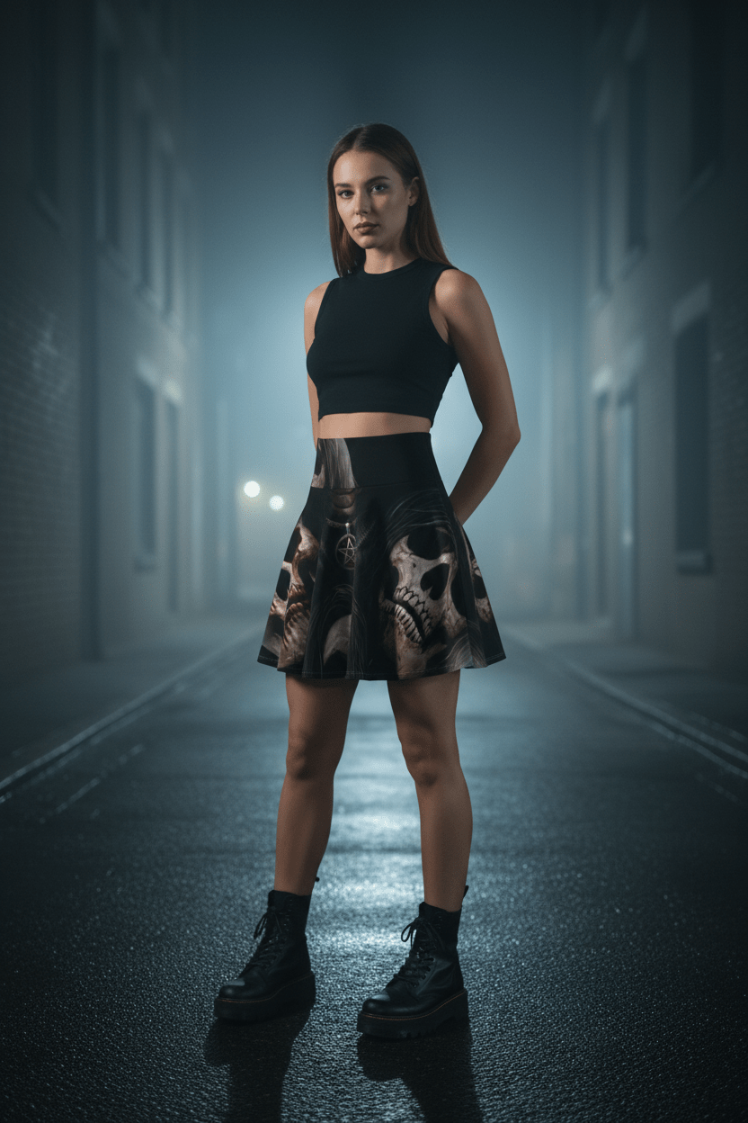 Goth Skeleton Skater Skirt — "Soulless" All - Over PrintEmber Spirit Apparel