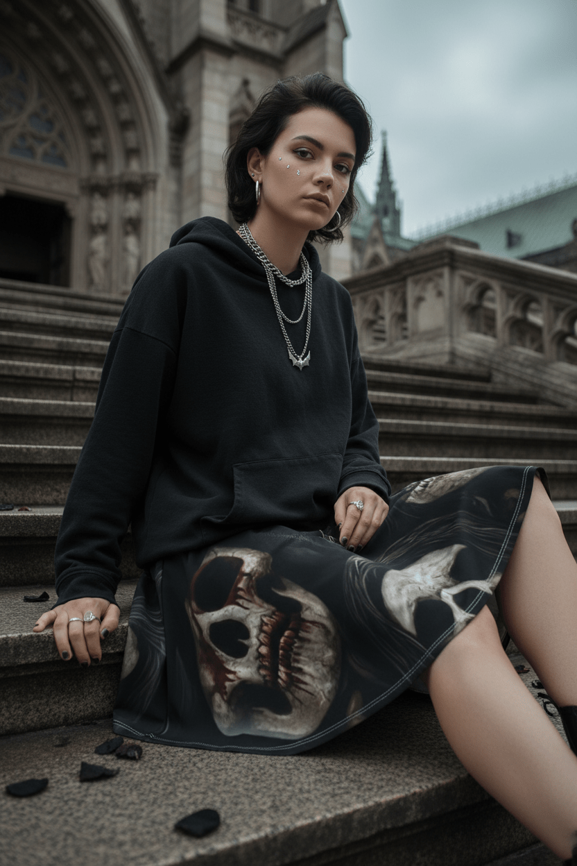 Goth Skeleton Skater Skirt — "Soulless" All - Over PrintEmber Spirit Apparel