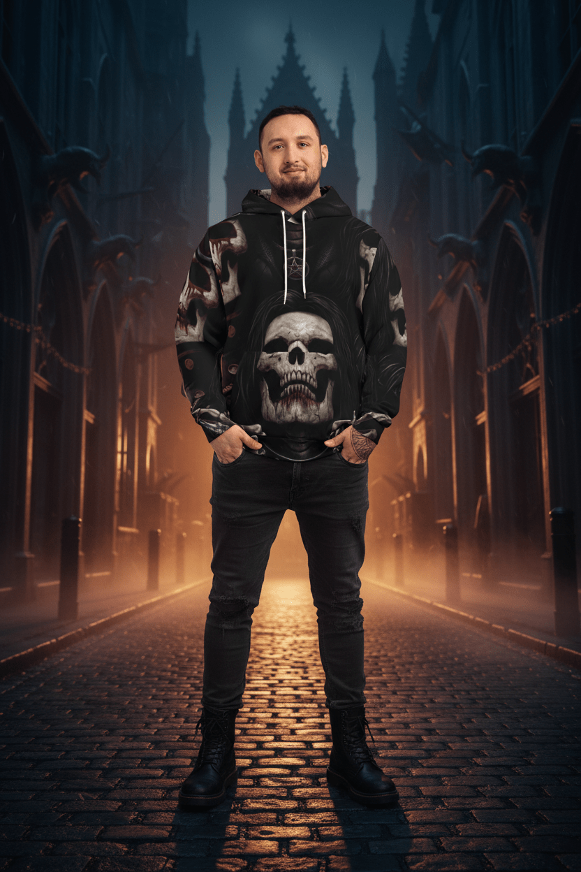Goth Skull Hoodie — Mens Dark Skull Graphic HoodieEmber Spirit Apparel