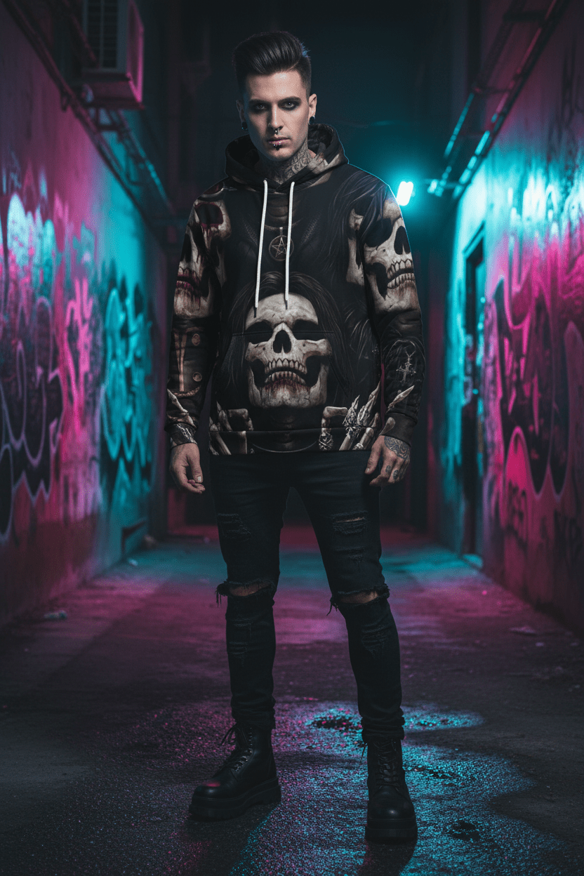 Goth Skull Hoodie — Mens Dark Skull Graphic HoodieEmber Spirit Apparel