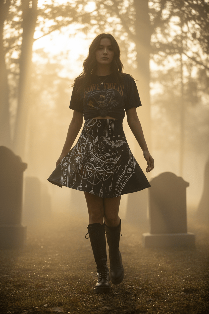Gothic Rune Rose Skater Skirt — Dark Bat & Thorn All - Over PrintEmber Spirit Apparel