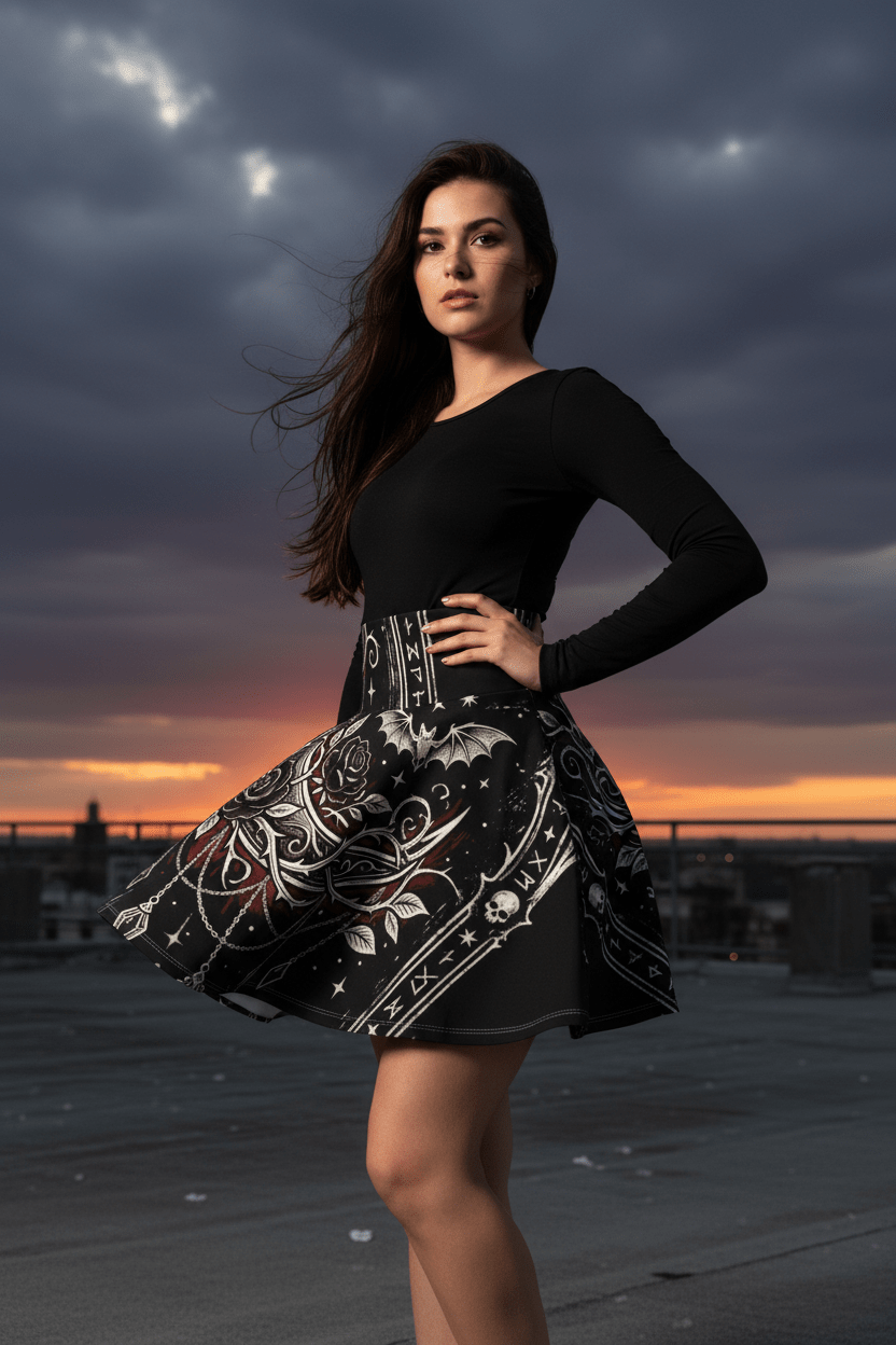 Gothic Rune Rose Skater Skirt — Dark Bat & Thorn All - Over PrintEmber Spirit Apparel