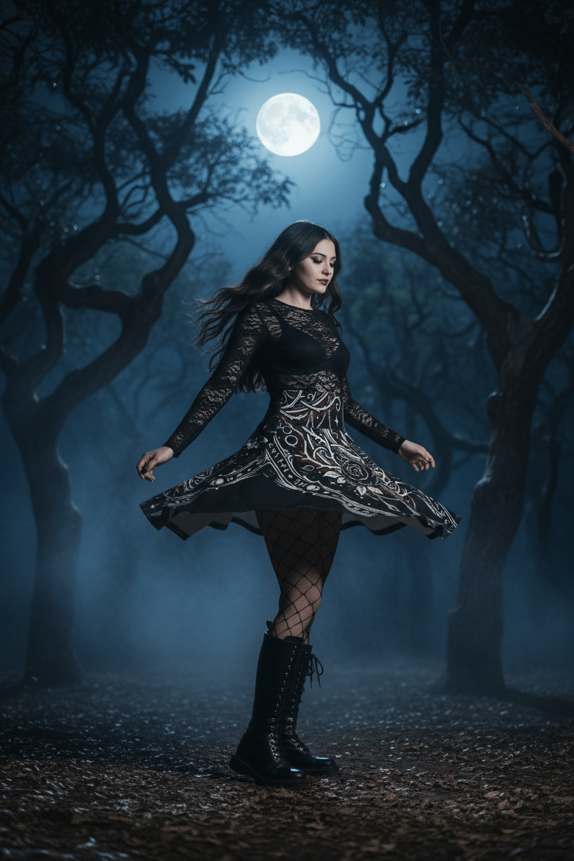Gothic Rune Rose Skater Skirt — Dark Bat & Thorn All - Over PrintEmber Spirit Apparel
