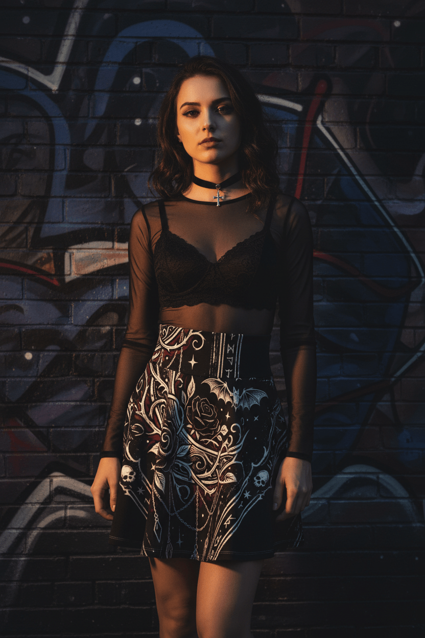 Gothic Rune Rose Skater Skirt — Dark Bat & Thorn All - Over PrintEmber Spirit Apparel
