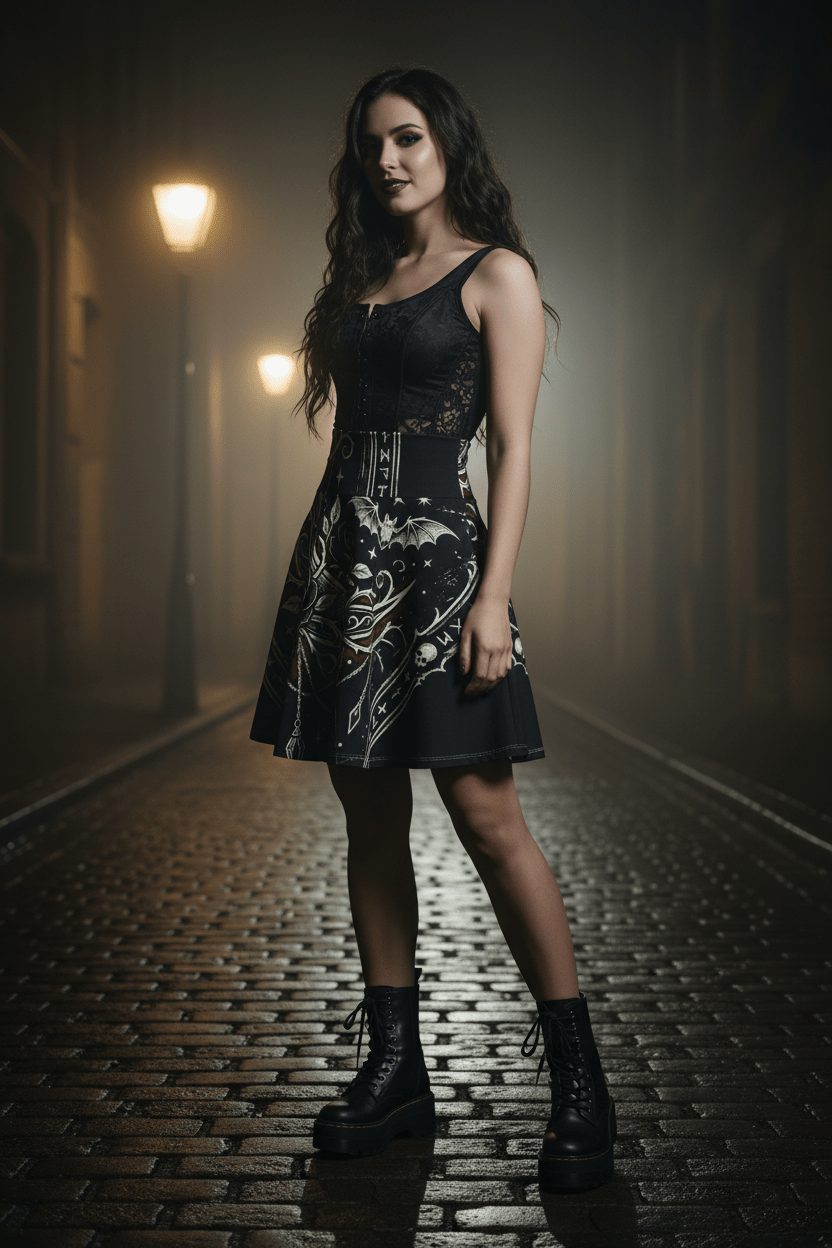 Gothic Rune Rose Skater Skirt — Dark Bat & Thorn All - Over PrintEmber Spirit Apparel