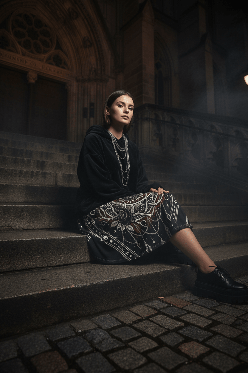 Gothic Rune Rose Skater Skirt — Dark Bat & Thorn All - Over PrintEmber Spirit Apparel