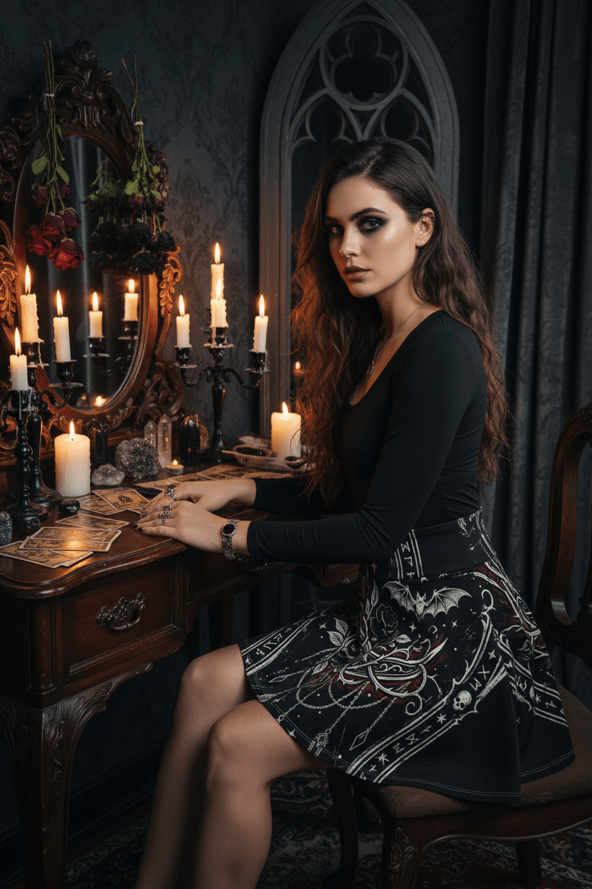 Gothic Rune Rose Skater Skirt — Dark Bat & Thorn All - Over PrintEmber Spirit Apparel