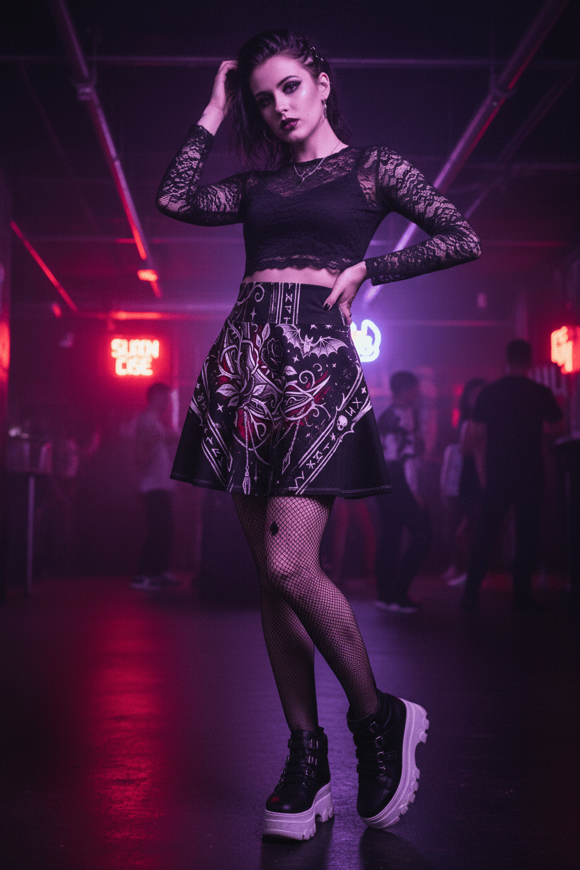 Gothic Rune Rose Skater Skirt — Dark Bat & Thorn All - Over PrintEmber Spirit Apparel