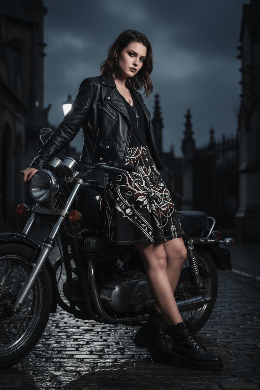 Gothic Rune Rose Skater Skirt — Dark Bat & Thorn All - Over PrintEmber Spirit Apparel