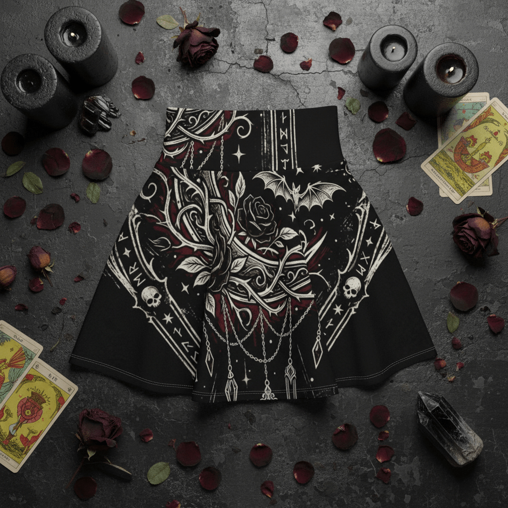 Gothic Rune Rose Skater Skirt — Dark Bat & Thorn All - Over PrintEmber Spirit Apparel