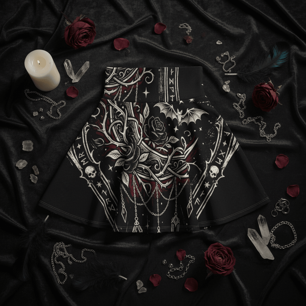 Gothic Rune Rose Skater Skirt — Dark Bat & Thorn All - Over PrintEmber Spirit Apparel