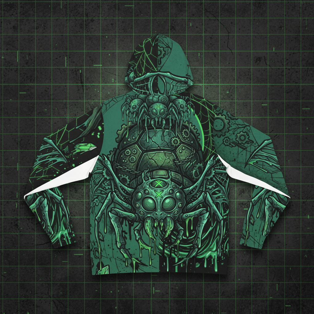 Green Cyber Spider Hoodie — Creepy Tech Horror All - Over PrintEmber Spirit Apparel