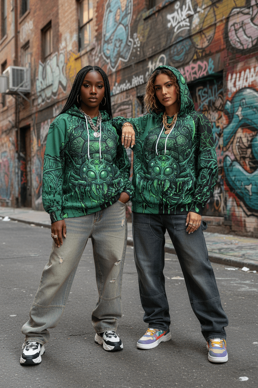 Green Cyber Spider Hoodie — Creepy Tech Horror All - Over PrintEmber Spirit Apparel