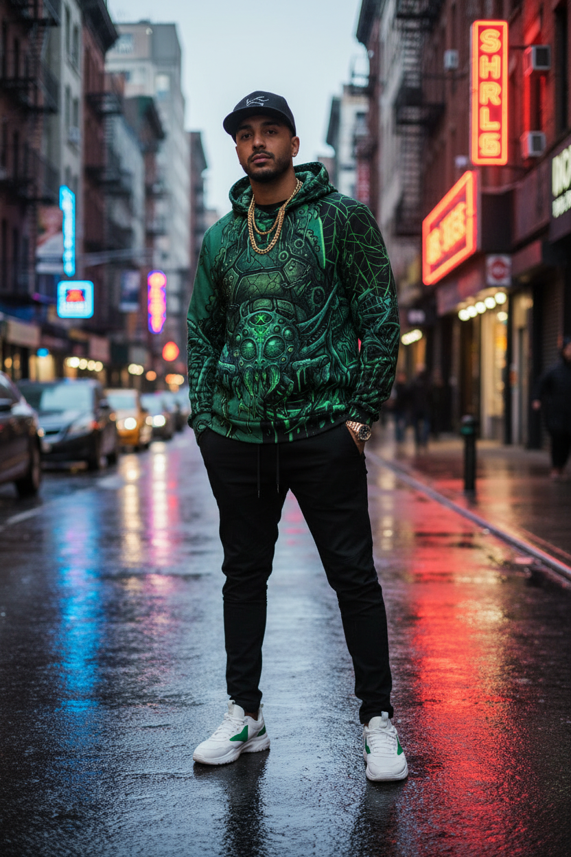 Green Cyber Spider Hoodie — Creepy Tech Horror All - Over PrintEmber Spirit Apparel
