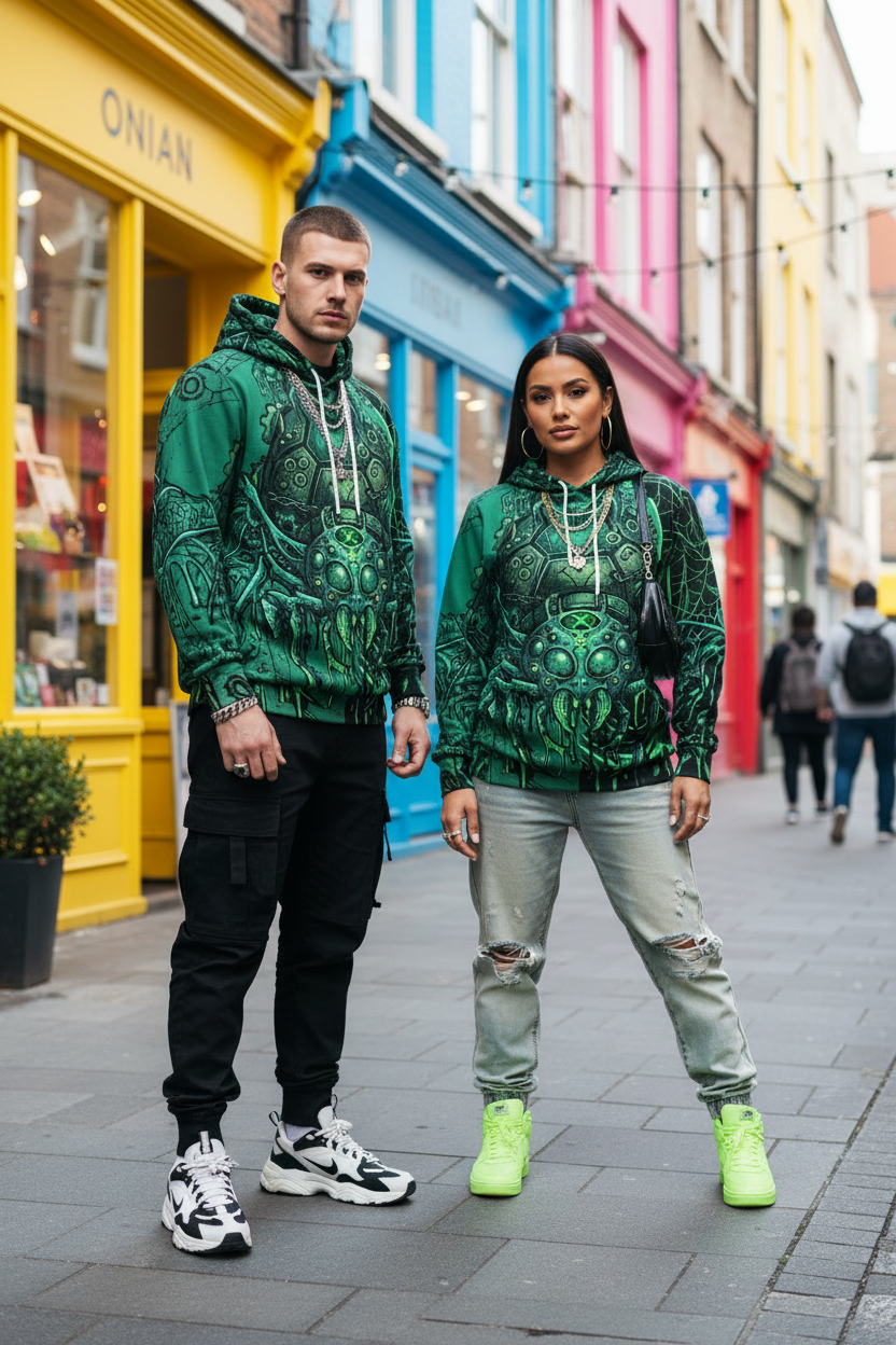 Green Cyber Spider Hoodie — Creepy Tech Horror All - Over PrintEmber Spirit Apparel