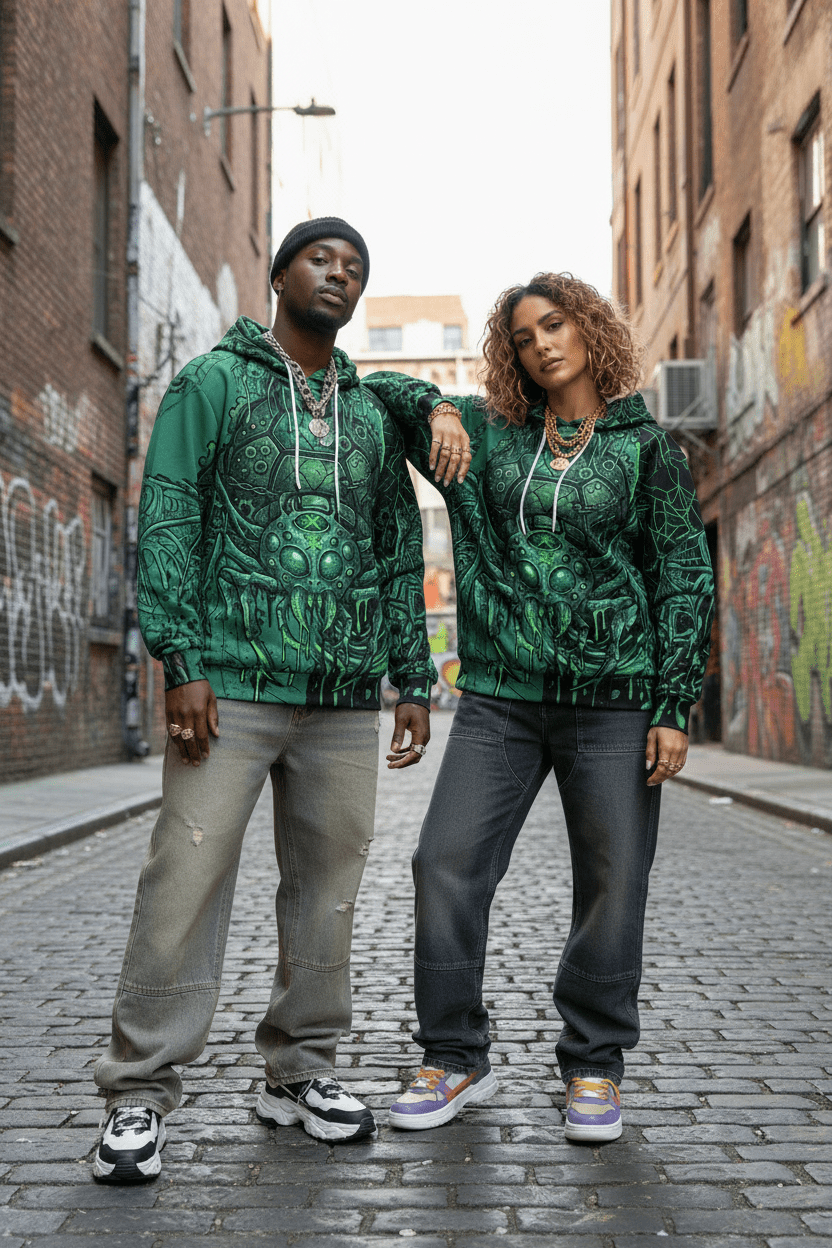 Green Cyber Spider Hoodie — Creepy Tech Horror All - Over PrintEmber Spirit Apparel