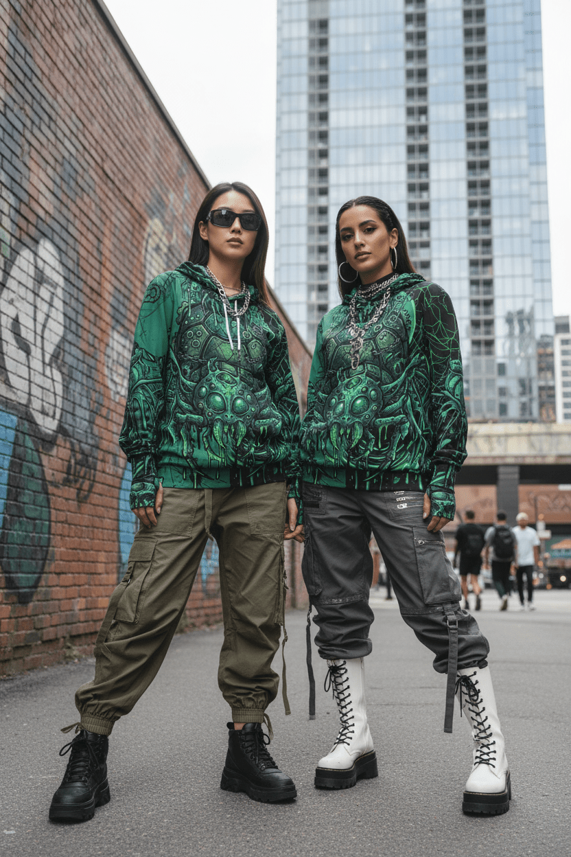 Green Cyber Spider Hoodie — Creepy Tech Horror All - Over PrintEmber Spirit Apparel