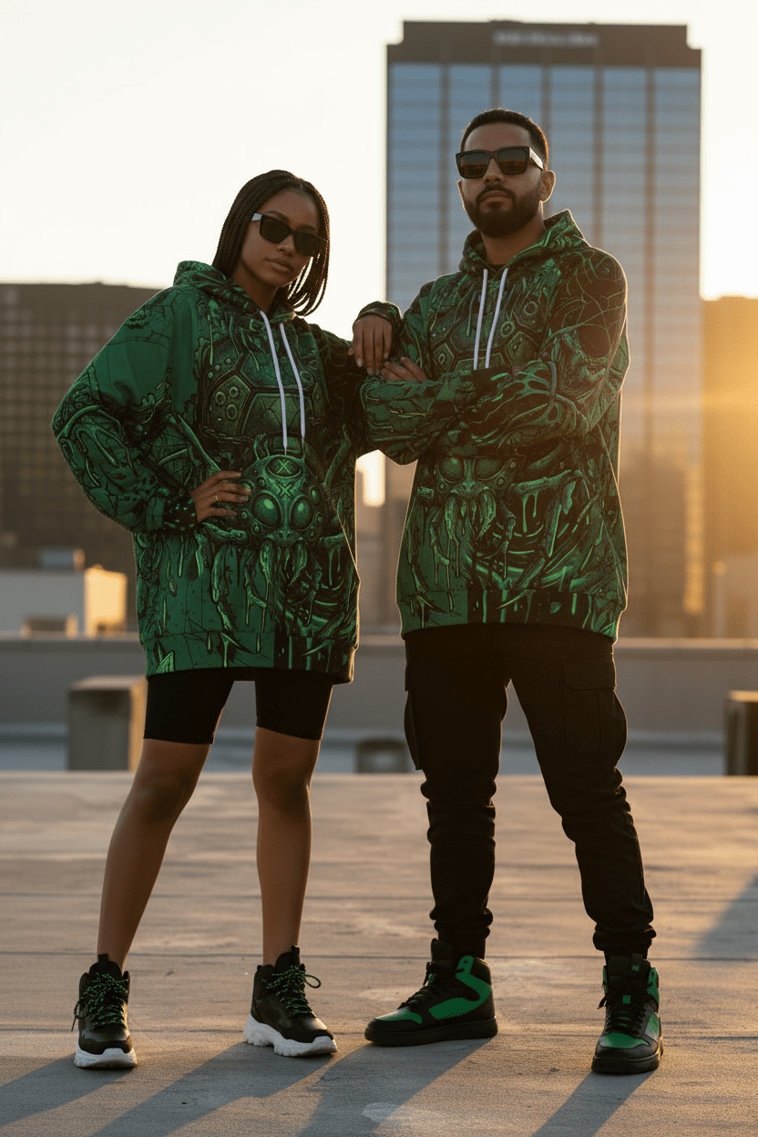 Green Cyber Spider Hoodie — Creepy Tech Horror All - Over PrintEmber Spirit Apparel
