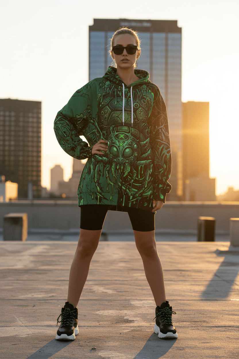 Green Cyber Spider Hoodie — Creepy Tech Horror All - Over PrintEmber Spirit Apparel