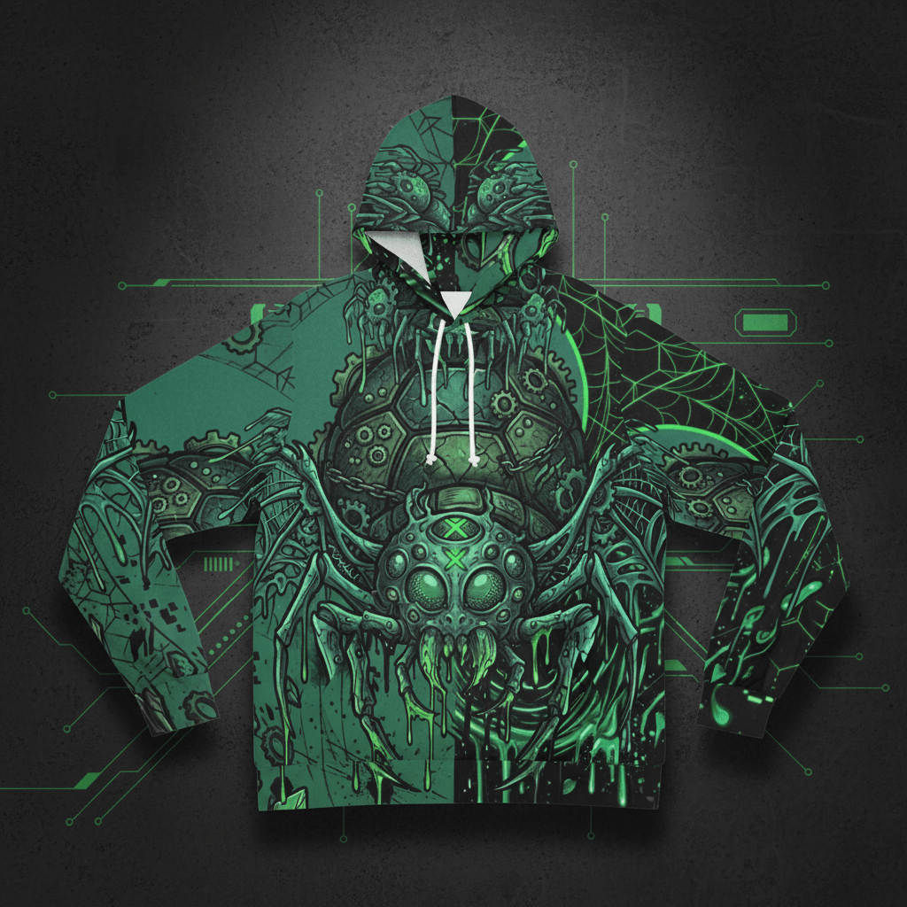 Green Cyber Spider Hoodie — Creepy Tech Horror All - Over PrintEmber Spirit Apparel