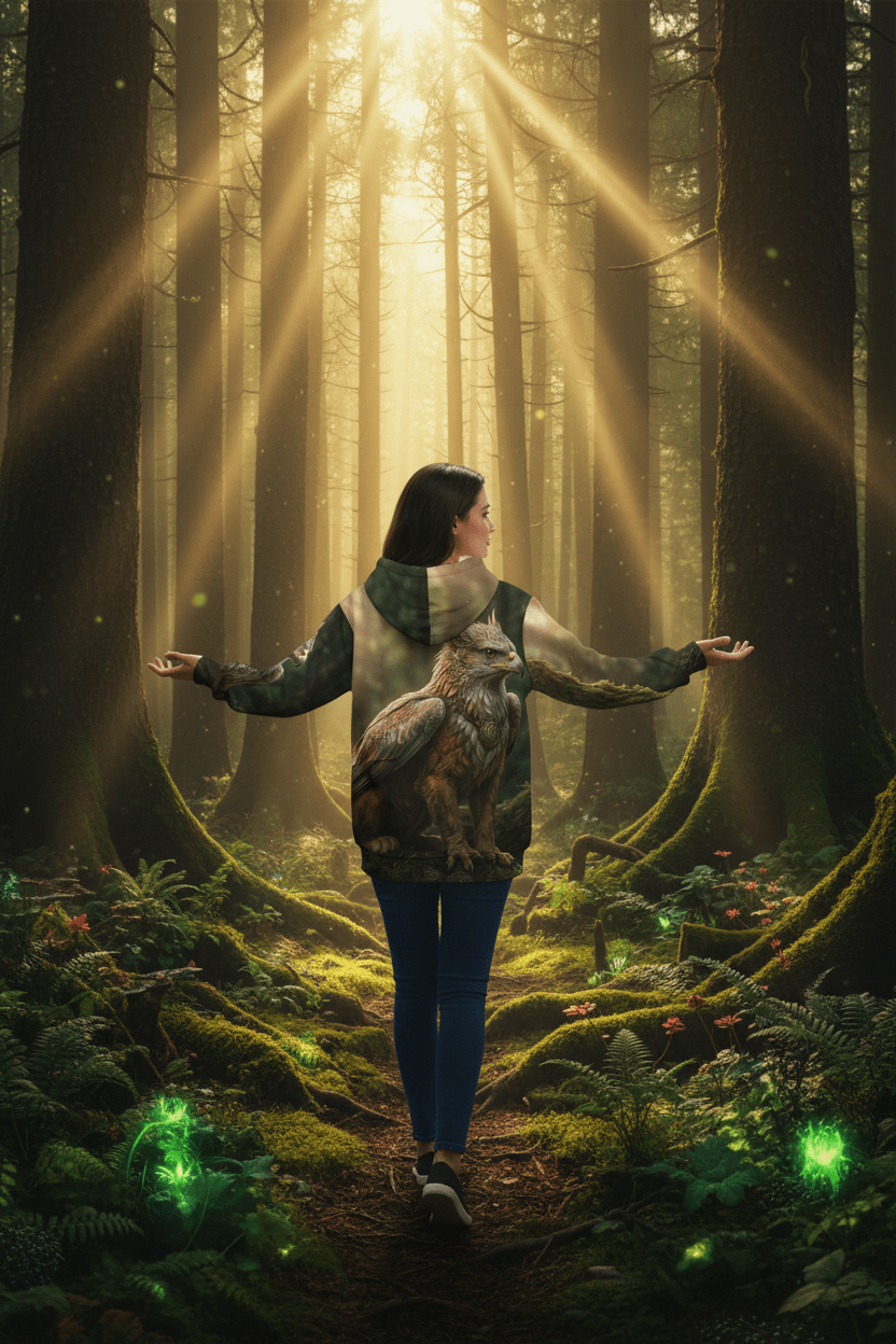 Griffin Forest Art Hoodie — Majestic Mythical Creature All-Over Print Ember Spirit Apparel