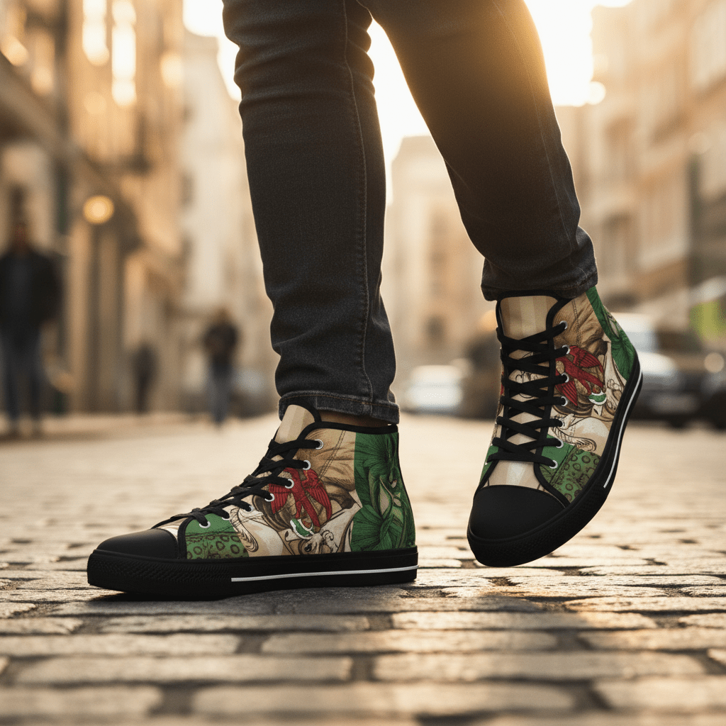 High Top Sneakers Nigerian King– Vintage Botanical Lion Design.Ember Spirit Apparel