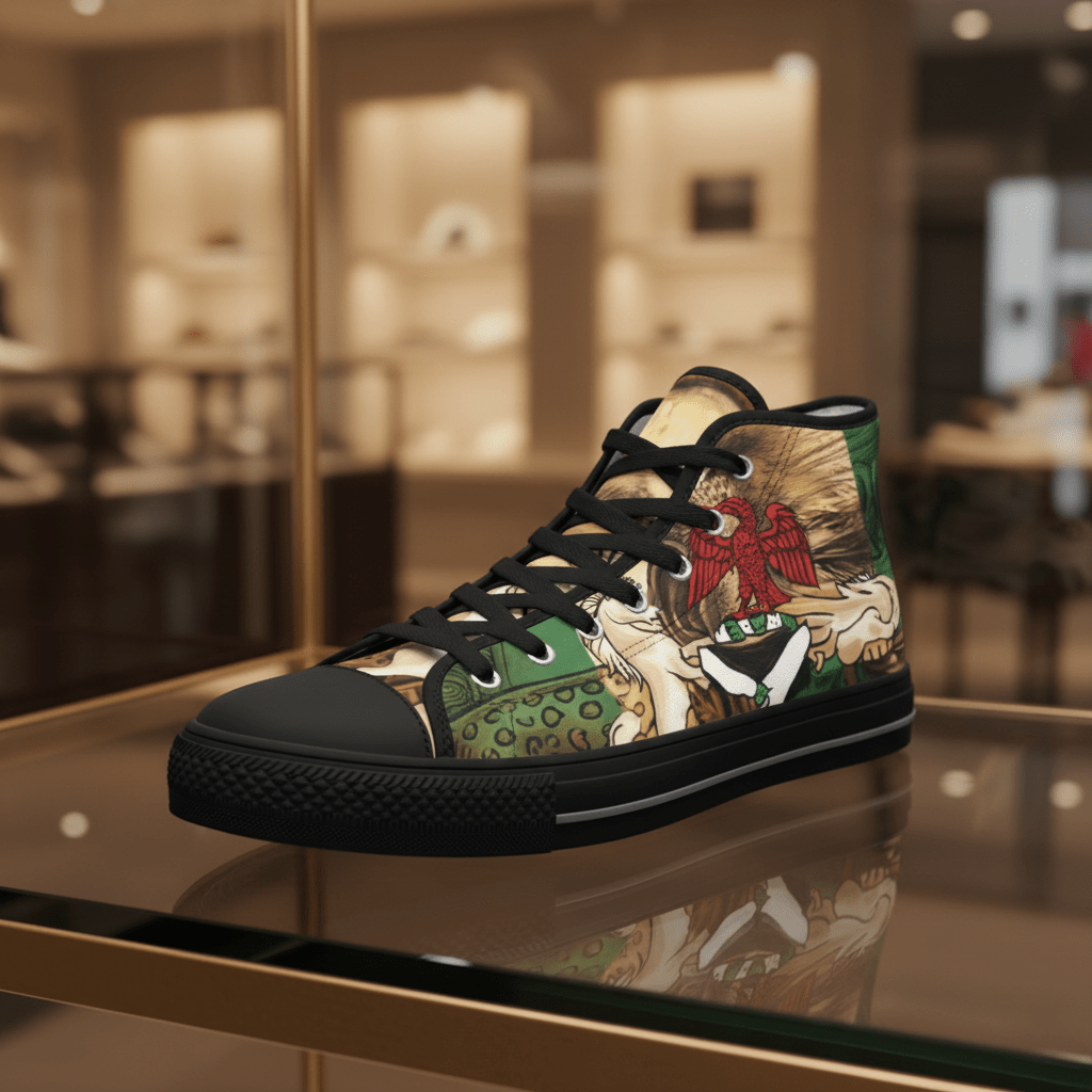 High Top Sneakers Nigerian King– Vintage Botanical Lion Design.Ember Spirit Apparel