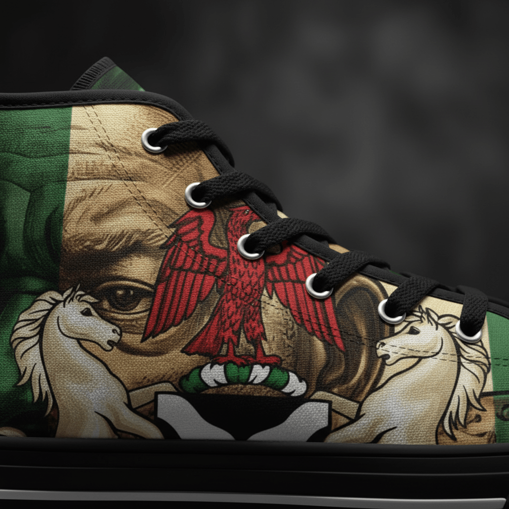 High Top Sneakers Nigerian King– Vintage Botanical Lion Design.Ember Spirit Apparel