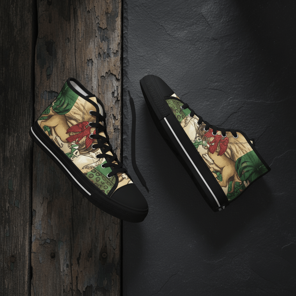 High Top Sneakers Nigerian King– Vintage Botanical Lion Design.Ember Spirit Apparel
