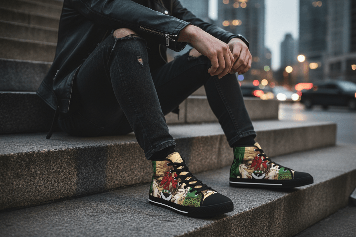 High Top Sneakers Nigerian King– Vintage Botanical Lion Design.Ember Spirit Apparel