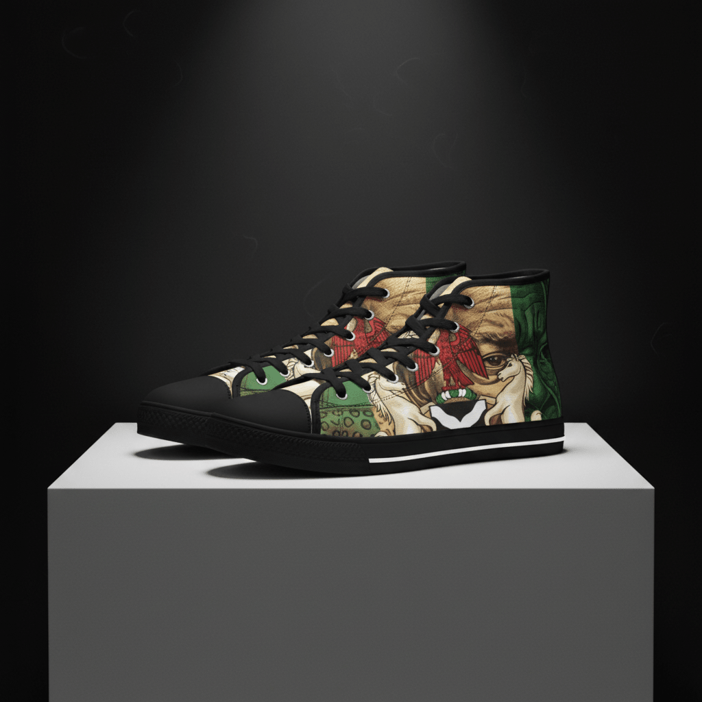 High Top Sneakers Nigerian King– Vintage Botanical Lion Design.Ember Spirit Apparel