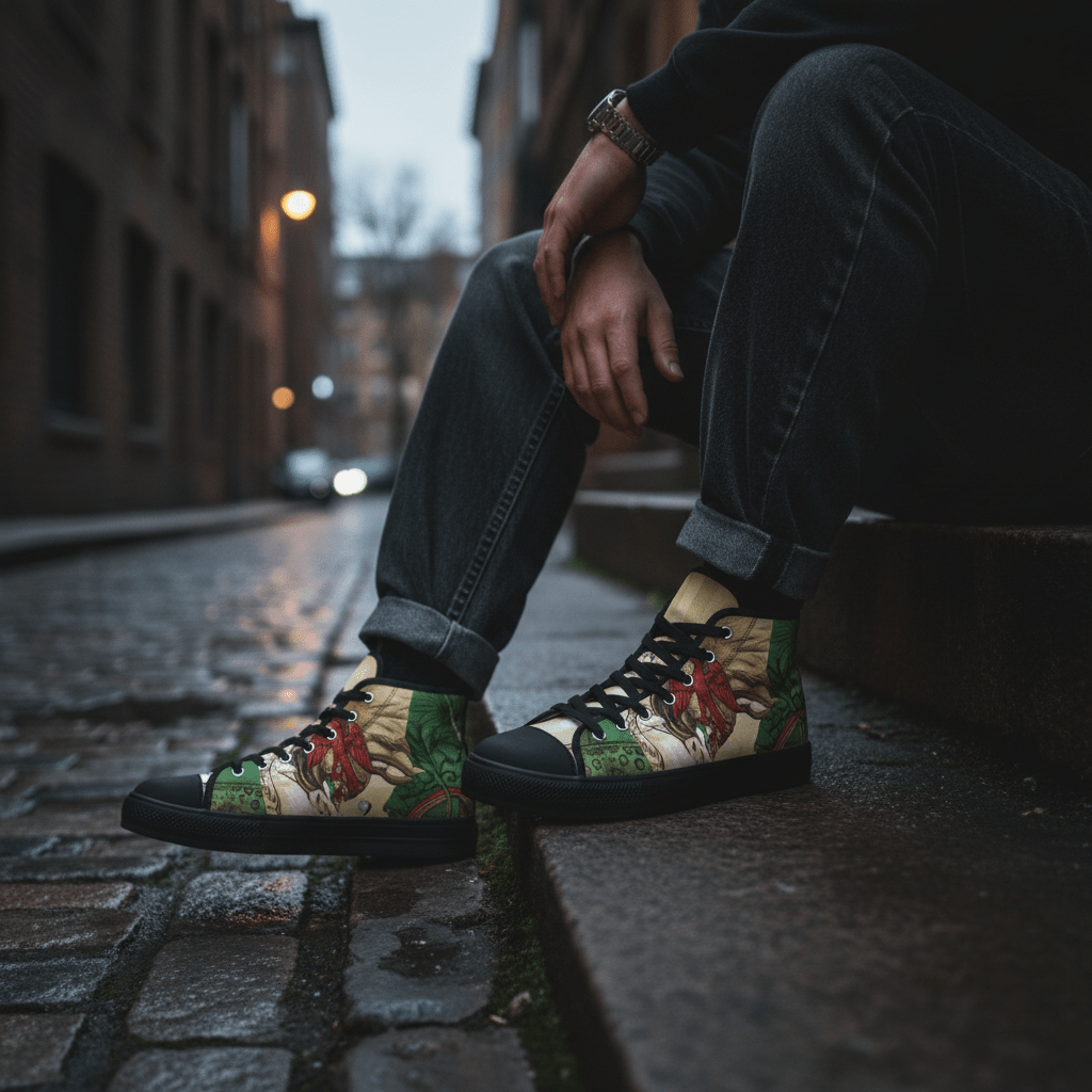 High Top Sneakers Nigerian King– Vintage Botanical Lion Design.Ember Spirit Apparel