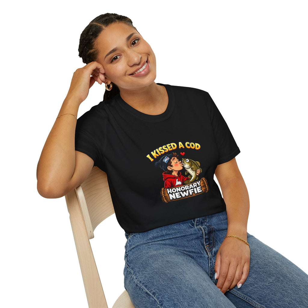 Honorary Newfie T-Shirt — bold Honorary Newfie humor tee, brick wall backdrop