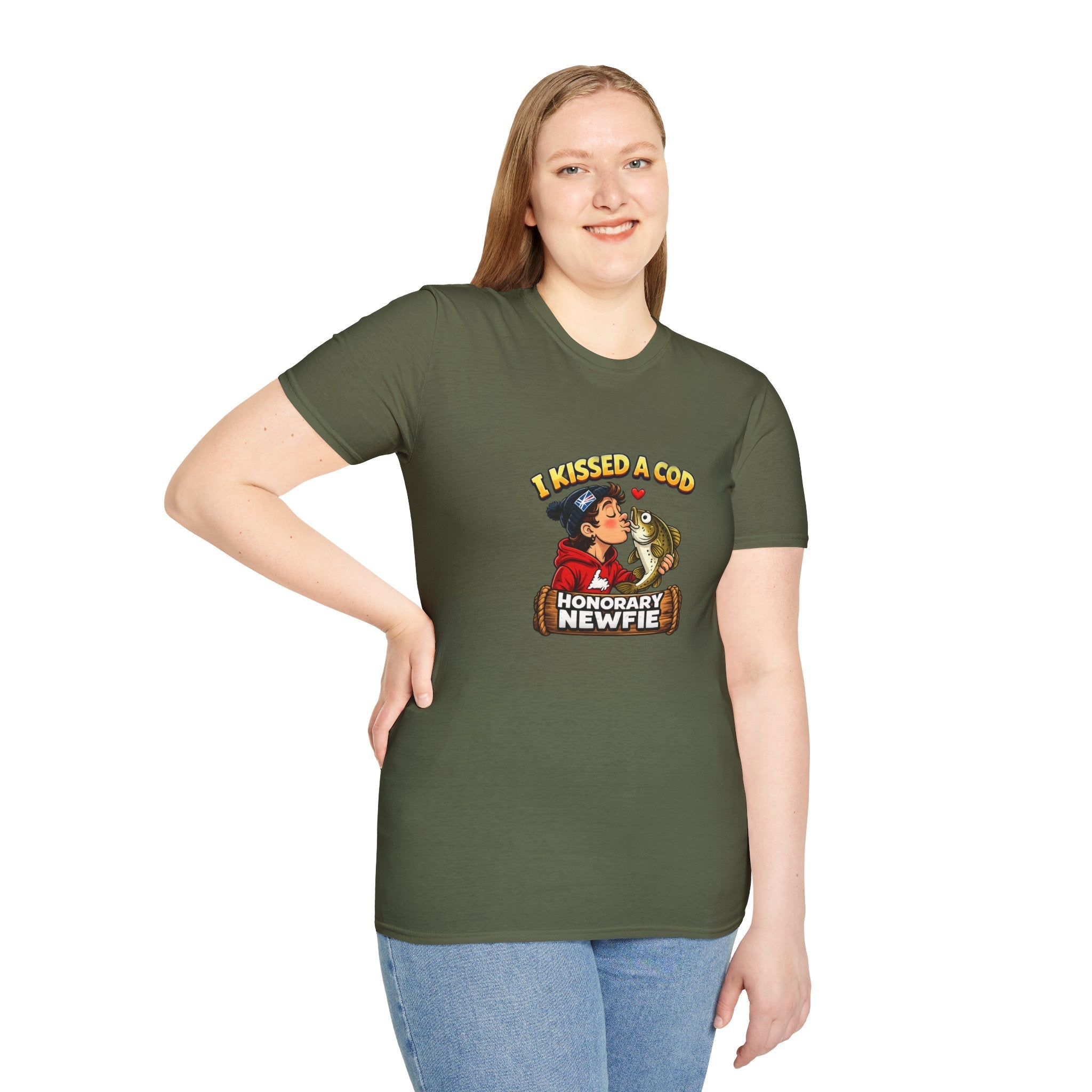 Honorary Newfie T-Shirt — bold Honorary Newfie graphic shirt, fishing village backdrop