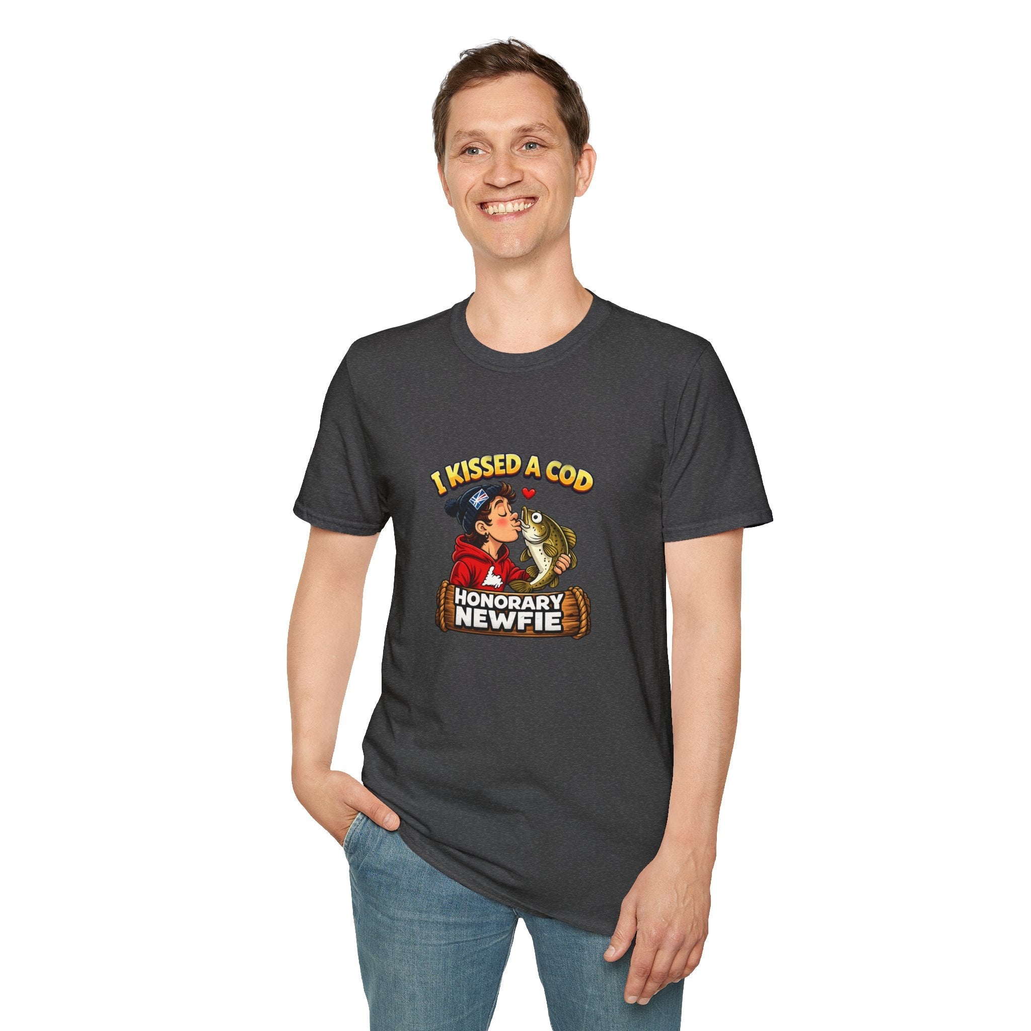 Honorary Newfie T-Shirt — bold Honorary Newfie print shirt, close-up hem stitching