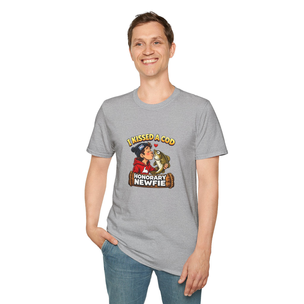 Honorary Newfie T-Shirt — bold Honorary Newfie print, layered outfit shot