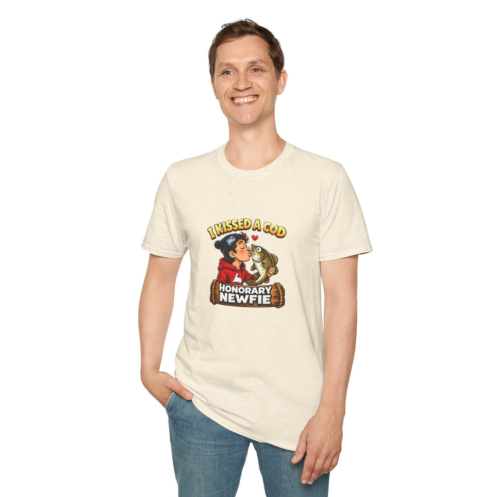 Honorary Newfie T-Shirt — bold Honorary Newfie print shirt, grunge backdrop