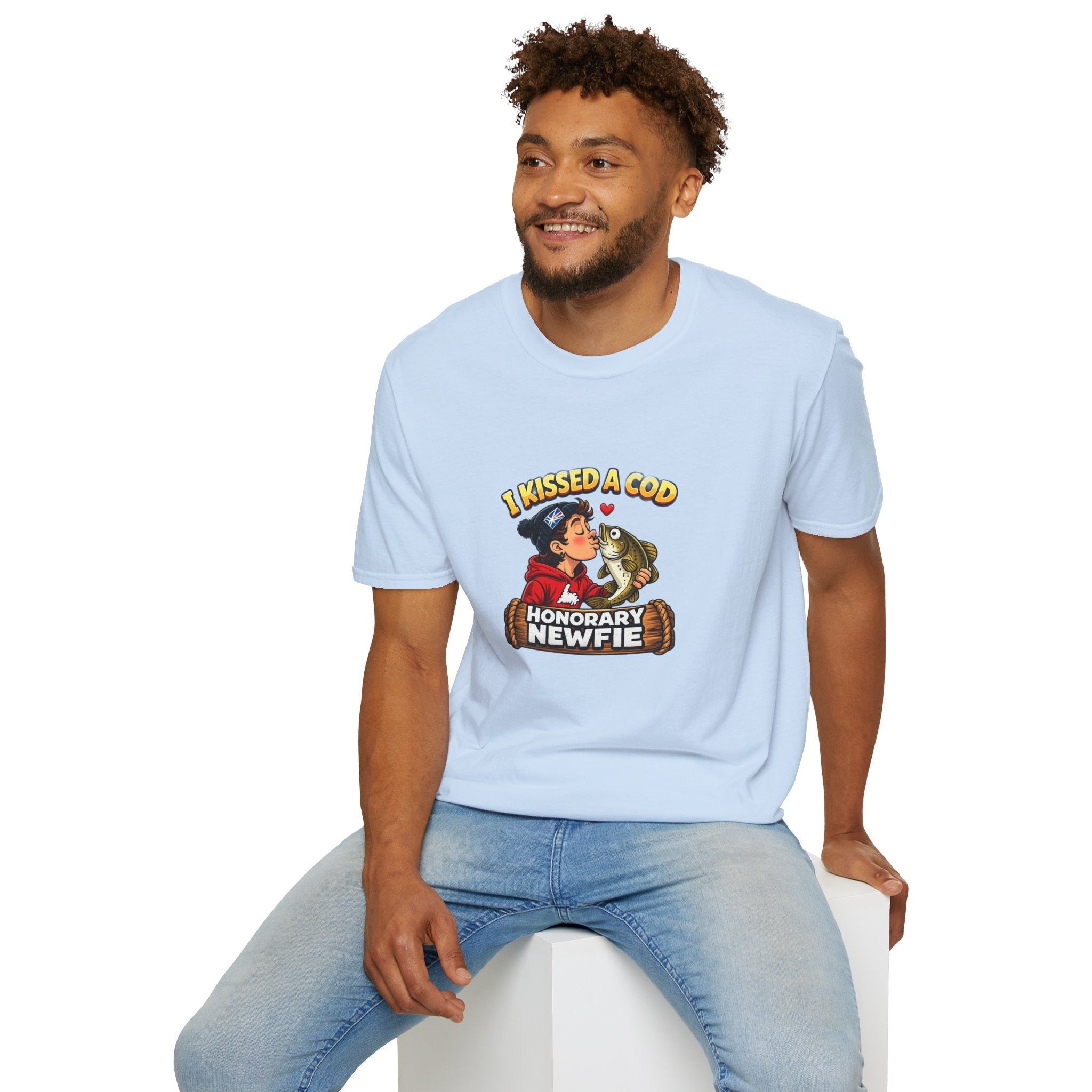 Honorary Newfie T-Shirt — bold Honorary Newfie humor graphic, Signal Hill lifestyle shot