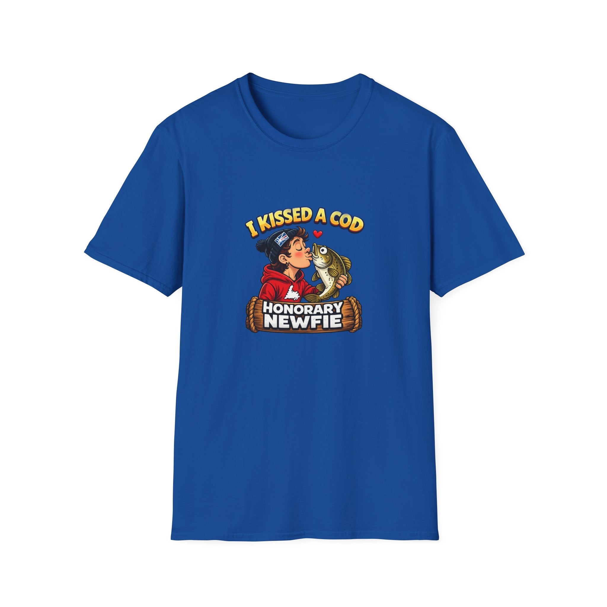 Honorary Newfie T-Shirt — bold Honorary Newfie graphic print, top view