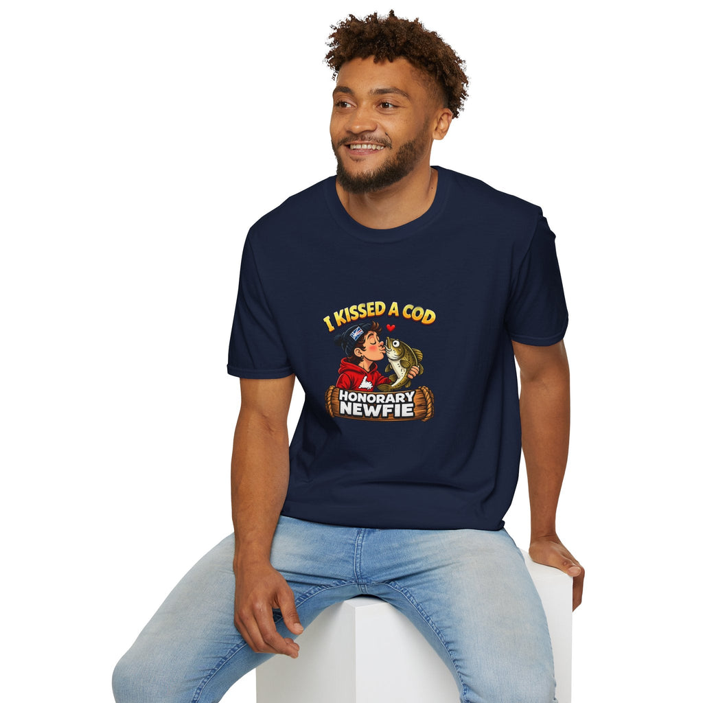 Honorary Newfie T-Shirt — bold Honorary Newfie print, jellybean row houses backdrop