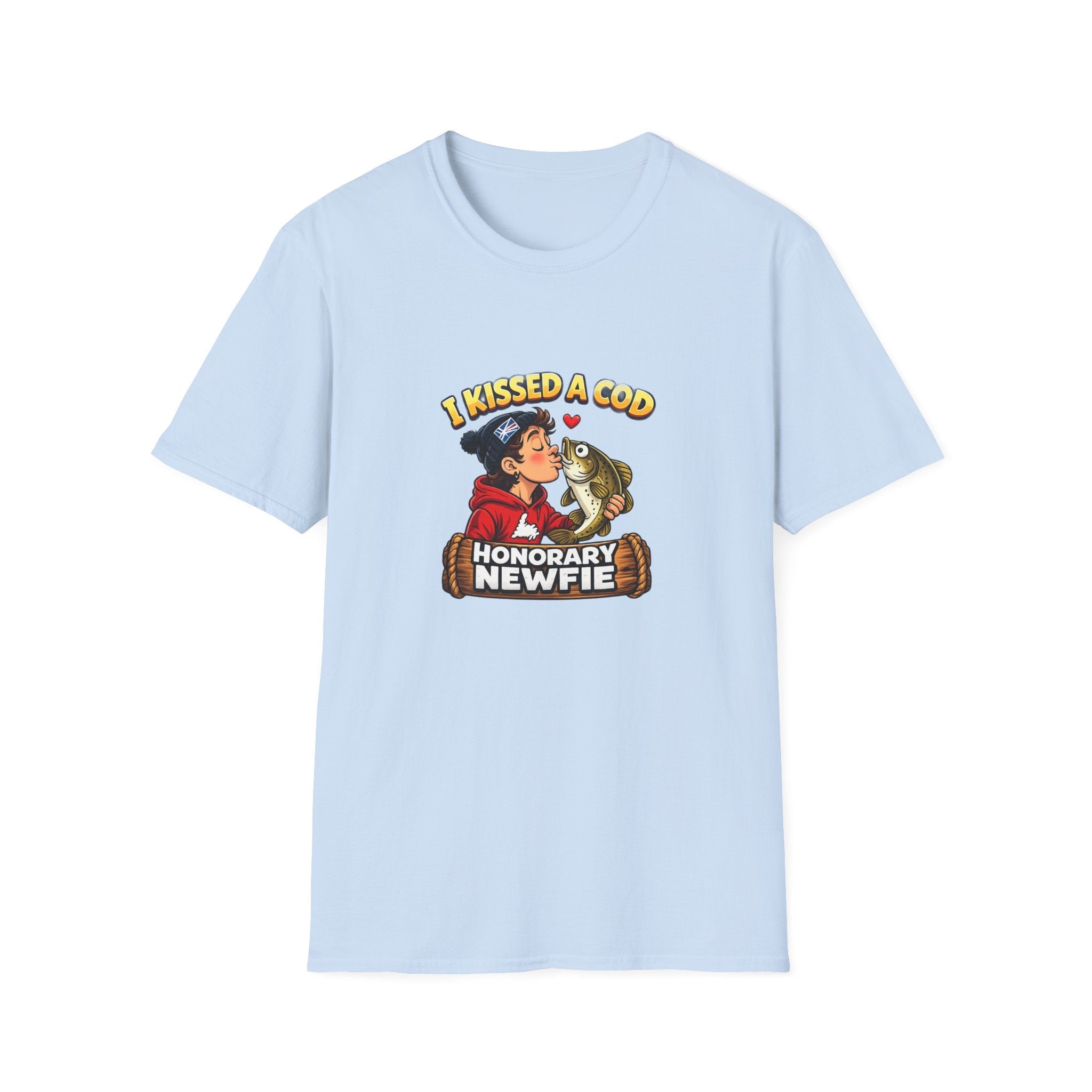 Honorary Newfie T-Shirt — Newfoundland Honorary Newfie humor tee, angled view
