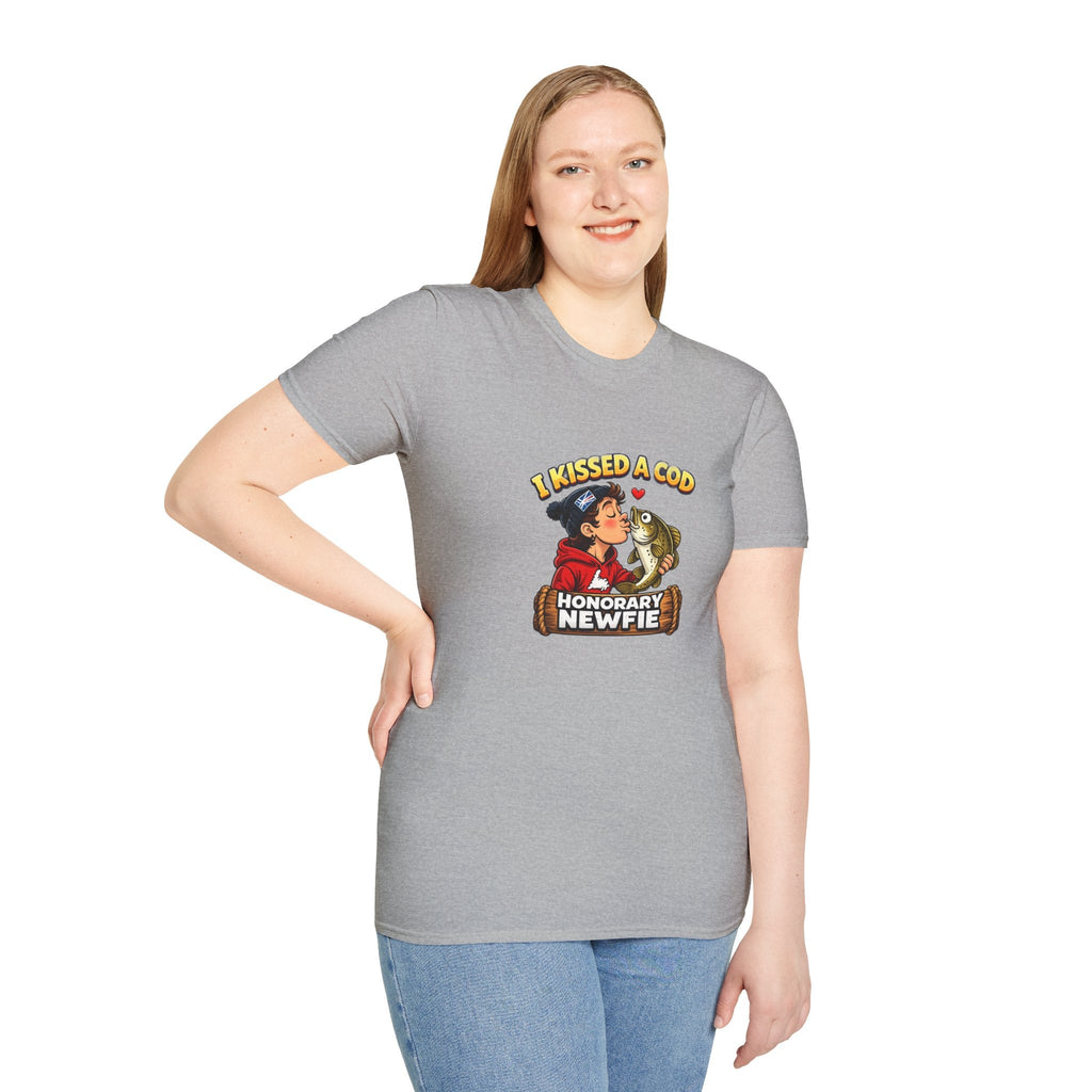 Honorary Newfie T-Shirt — Newfoundland Honorary Newfie graphic tee, close-up chest print