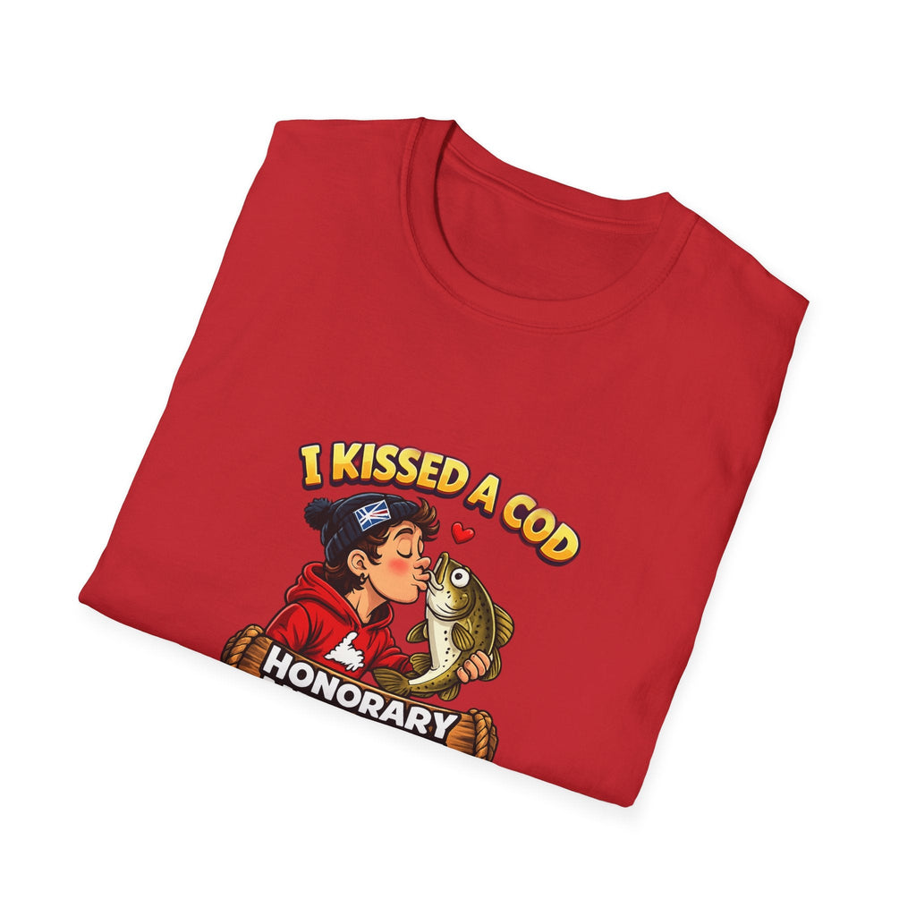 Honorary Newfie T-Shirt — Newfoundland Honorary Newfie print shirt, puffin backdrop lifestyle
