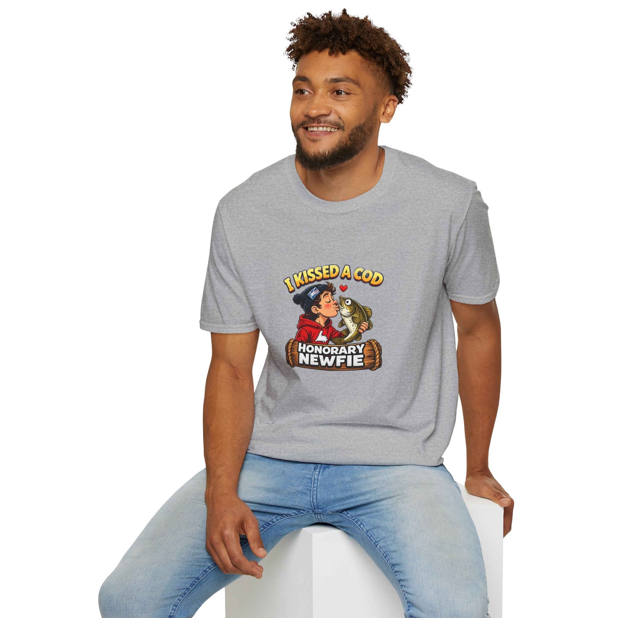 Honorary Newfie T-Shirt — bold Honorary Newfie print, layered outfit shot