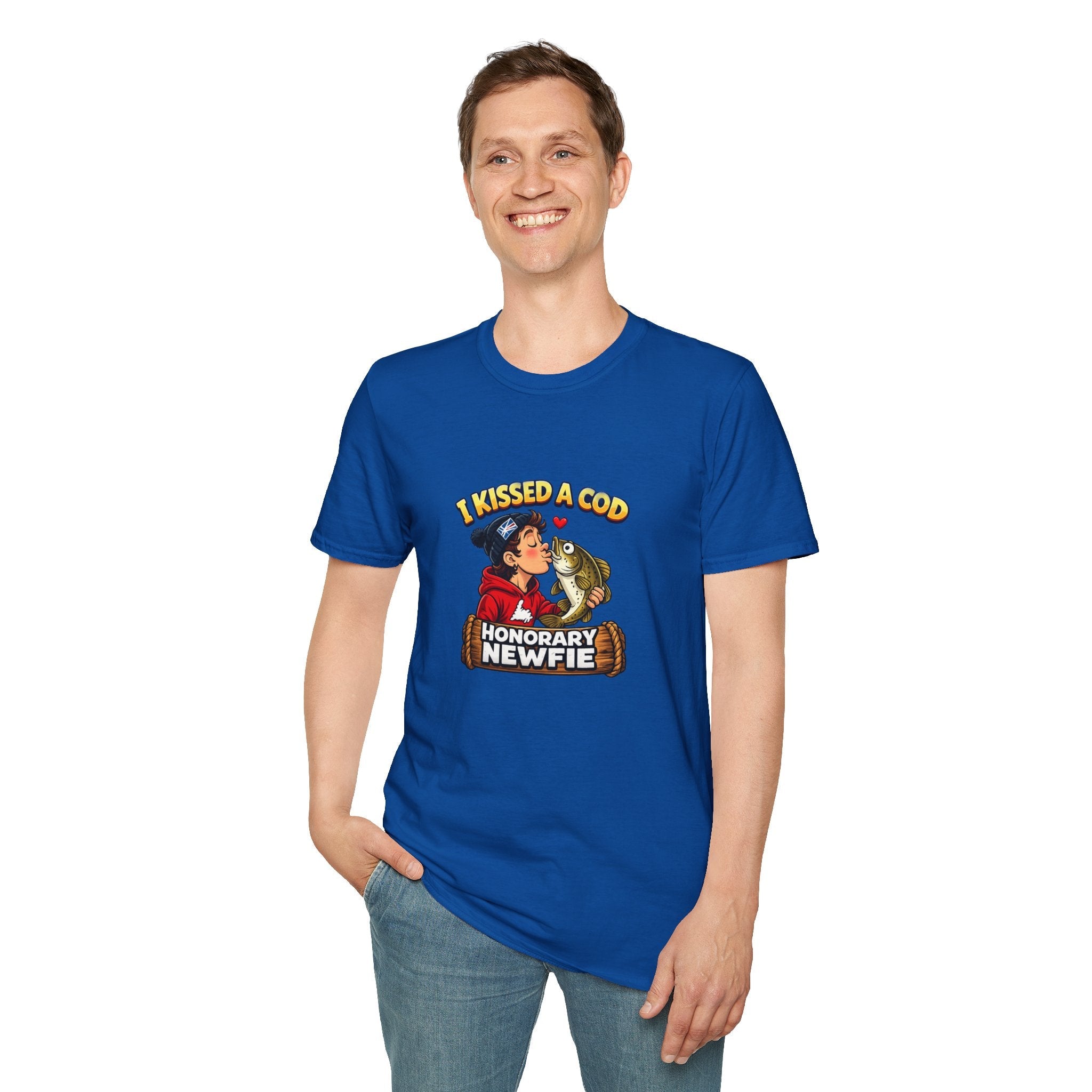 Honorary Newfie T-Shirt — bold Honorary Newfie humor graphic, gift wrap flat 