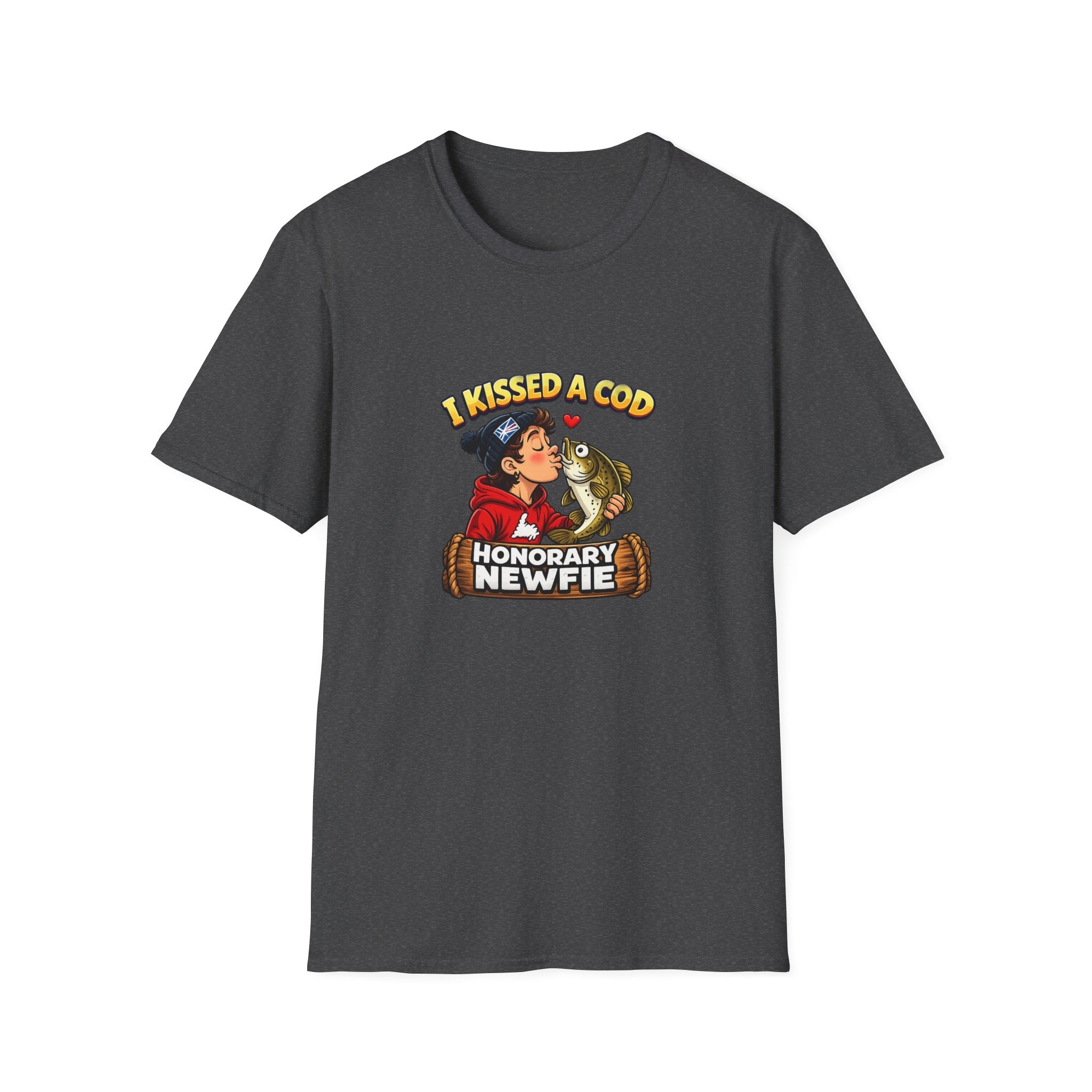 Honorary Newfie T-Shirt — bold Honorary Newfie Newfoundland print shirt, lifestyle photo