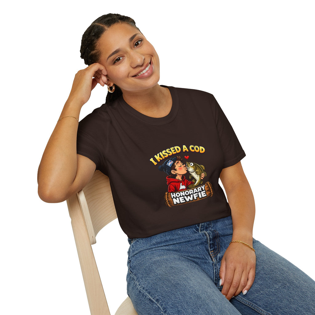 Honorary Newfie T-Shirt — bold Honorary Newfie print tee, natural light lifestyle
