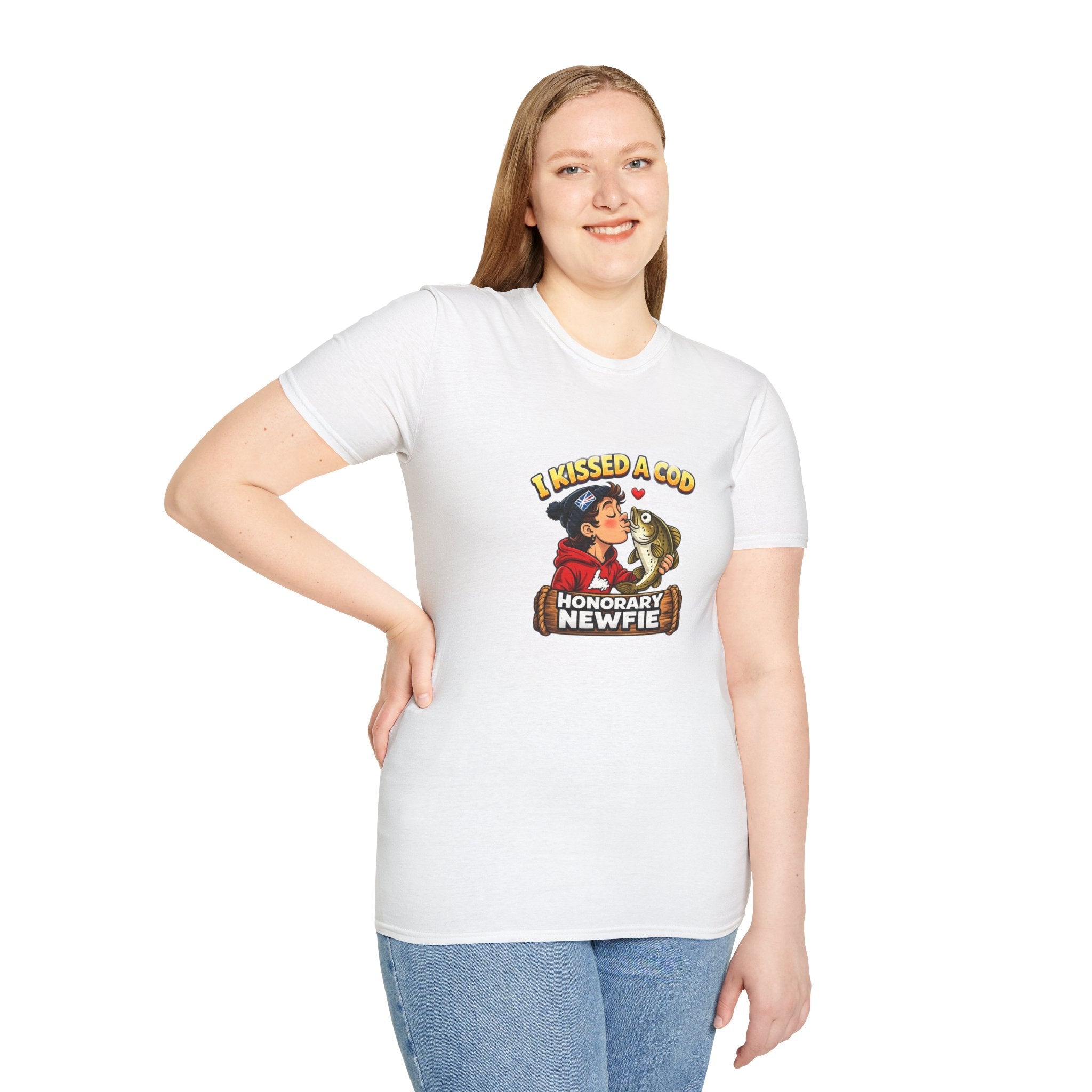 Honorary Newfie T-Shirt — Newfoundland Honorary Newfie print shirt, model front facing