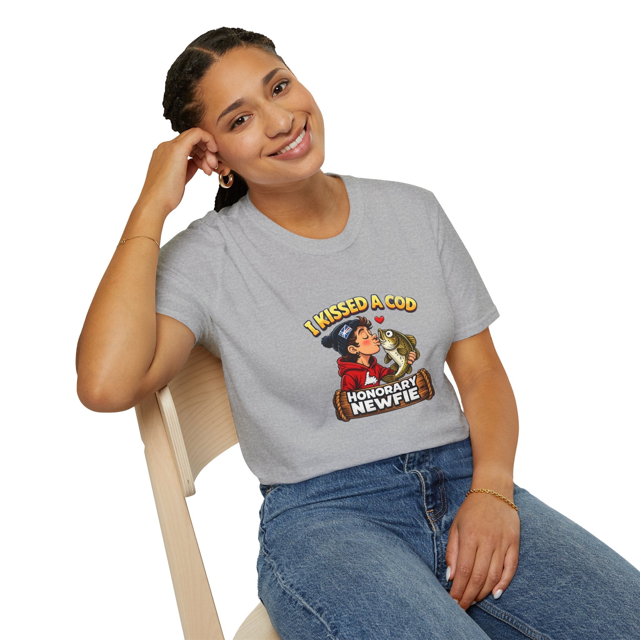 Honorary Newfie T-Shirt — bold Honorary Newfie print, layered outfit shot
