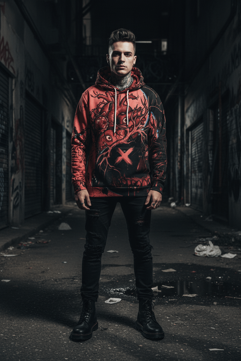 Hoodie — Red Gothic Heart Skull All - Over Print StreetwearEmber Spirit Apparel